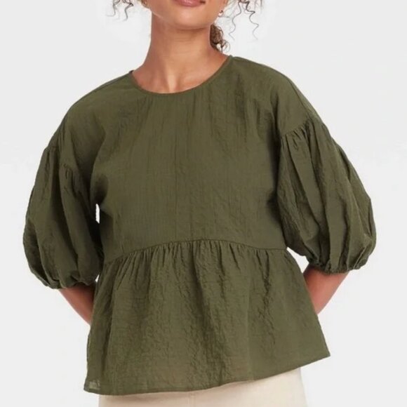 a new day Tops - A New Day Top Cotton Olive Tiered 3/4 Puff Sleeve Blouse Size XS